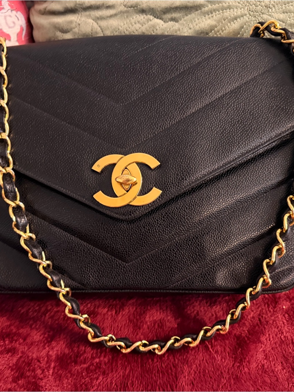 Vintage CHANEL JumboBlack Chevron Flap Bag with 24k Gold CC Hardware